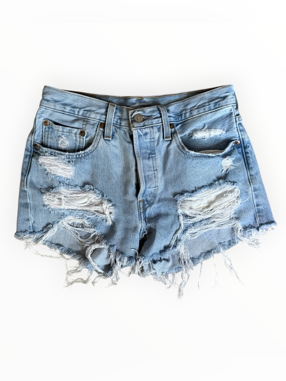 Levi's 501 Light Blue Distressed Denim Cutoff Shorts with Frayed Hem - Picture 2 of 4